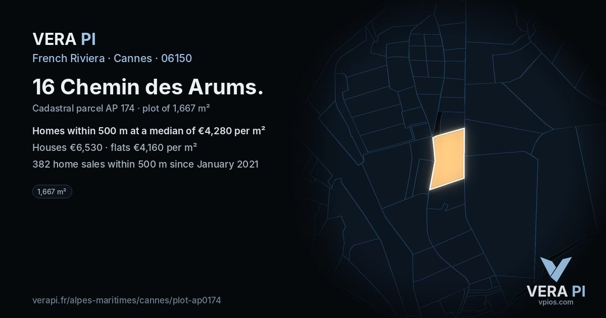 16 Chemin des Arums, Cannes at night – the plot lit, the parcels around coloured by the prices near them