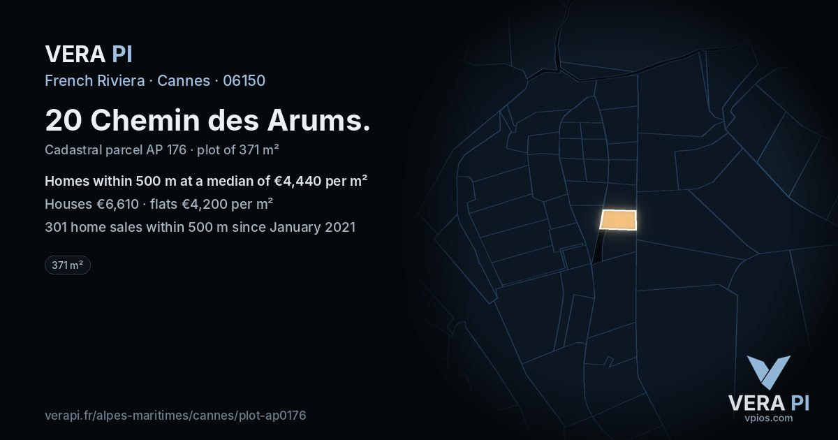 20 Chemin des Arums, Cannes at night – the plot lit, the parcels around coloured by the prices near them