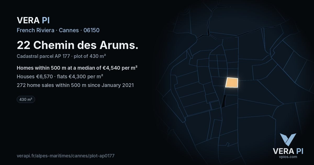 22 Chemin des Arums, Cannes at night – the plot lit, the parcels around coloured by the prices near them
