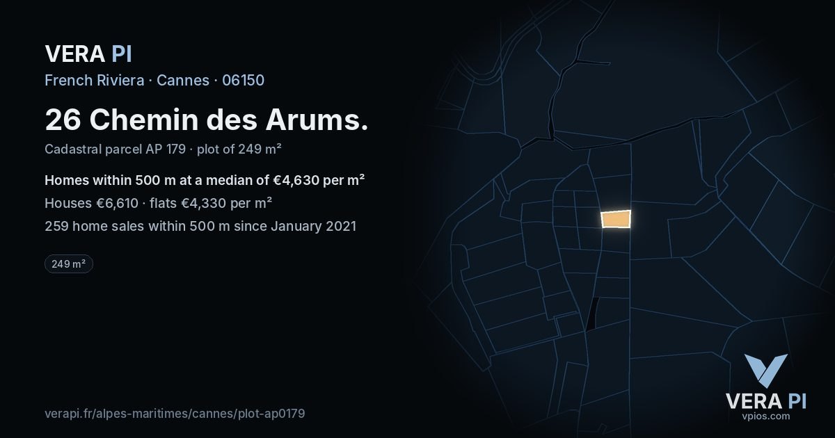 26 Chemin des Arums, Cannes at night – the plot lit, the parcels around coloured by the prices near them