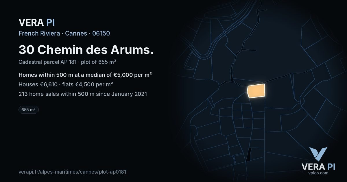 30 Chemin des Arums, Cannes at night – the plot lit, the parcels around coloured by the prices near them