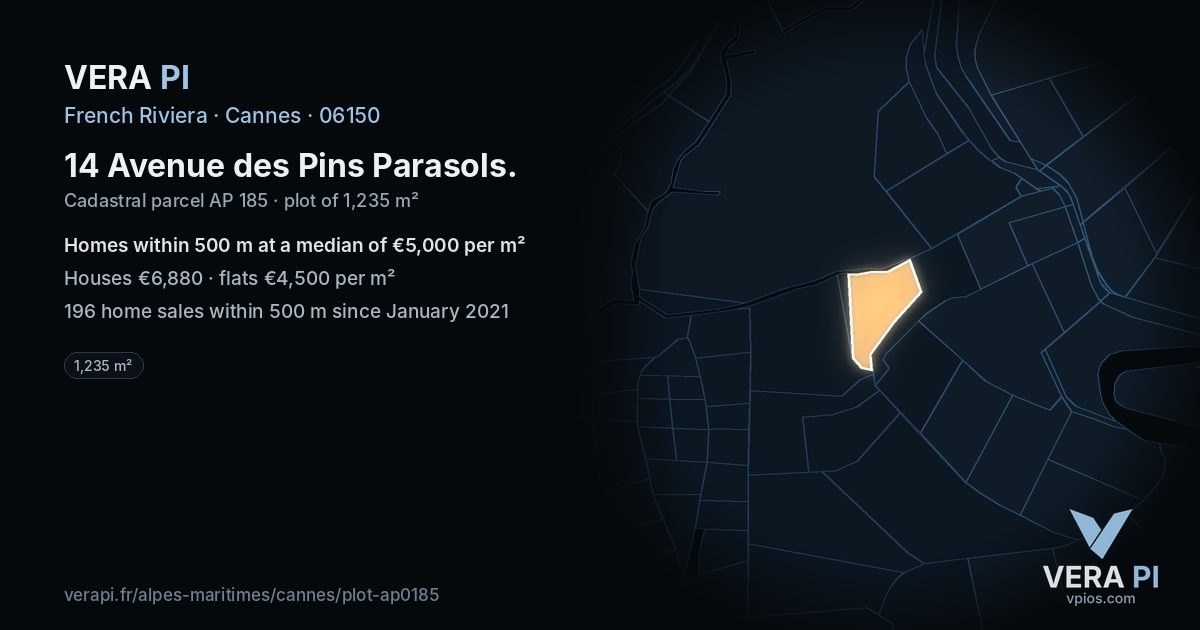 14 Avenue des Pins Parasols, Cannes at night – the plot lit, the parcels around coloured by the prices near them