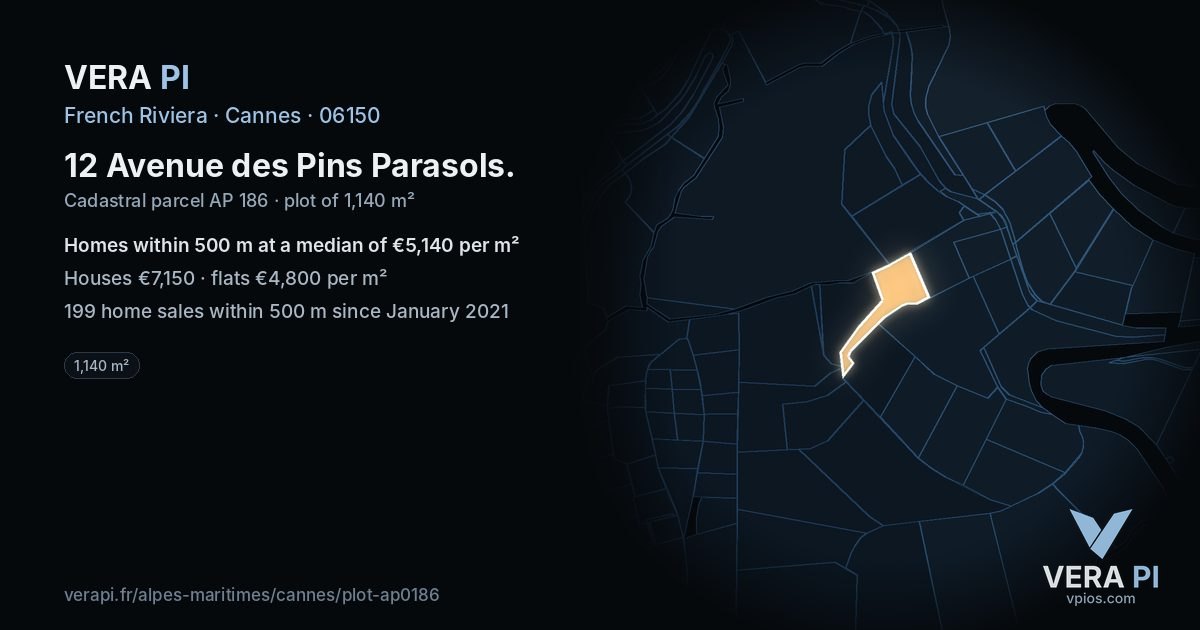 12 Avenue des Pins Parasols, Cannes at night – the plot lit, the parcels around coloured by the prices near them