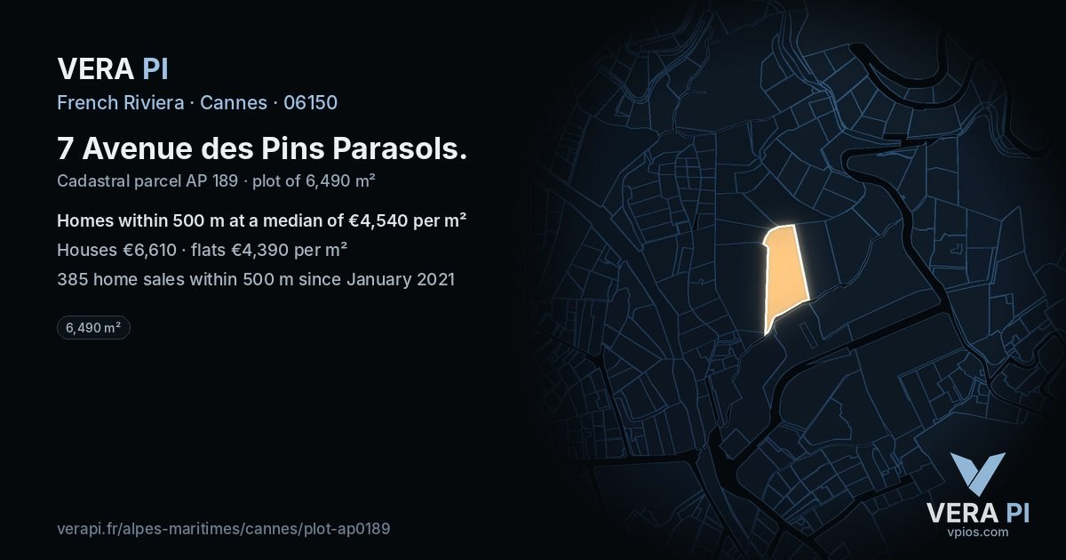 7 Avenue des Pins Parasols, Cannes at night – the plot lit, the parcels around coloured by the prices near them