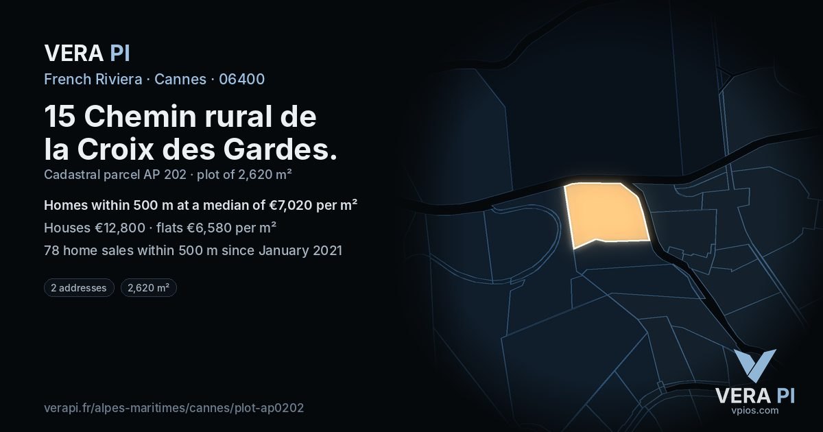 15 Chemin rural de la Croix des Gardes, Cannes at night – the plot lit, the parcels around coloured by the prices near them