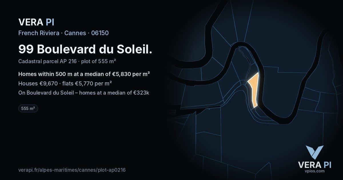 99 Boulevard du Soleil, Cannes at night – the plot lit, the parcels around coloured by the prices near them