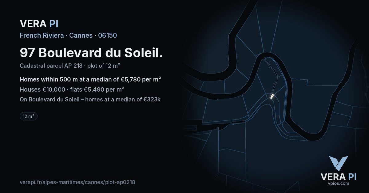 97 Boulevard du Soleil, Cannes at night – the plot lit, the parcels around coloured by the prices near them