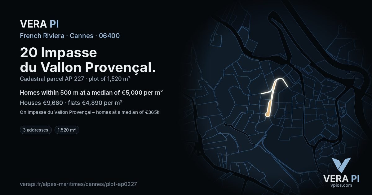 20 Impasse du Vallon Provençal, Cannes at night – the plot lit, the parcels around coloured by the prices near them