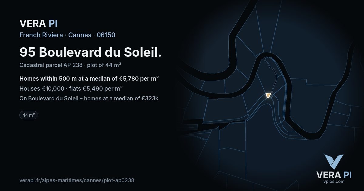 95 Boulevard du Soleil, Cannes at night – the plot lit, the parcels around coloured by the prices near them