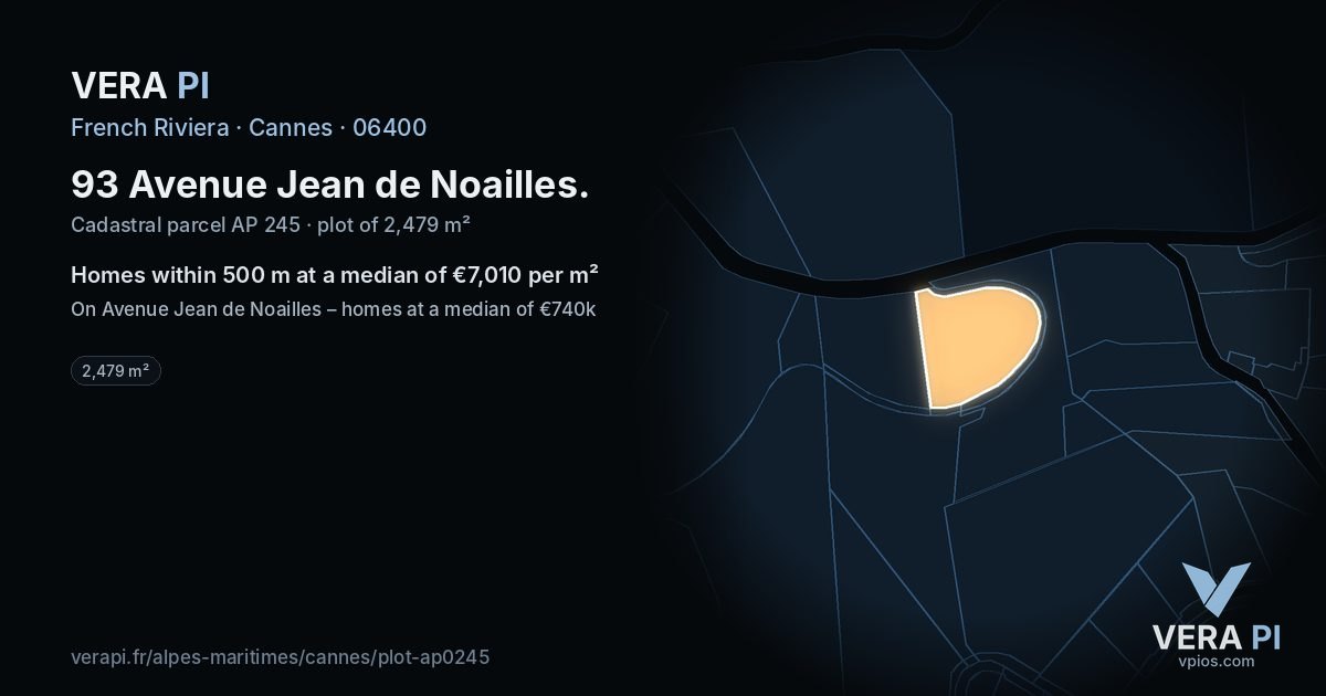 93 Avenue Jean de Noailles, Cannes at night – the plot lit, the parcels around coloured by the prices near them