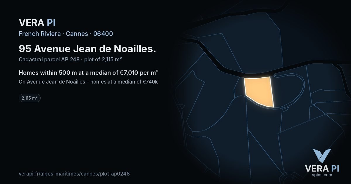 95 Avenue Jean de Noailles, Cannes at night – the plot lit, the parcels around coloured by the prices near them