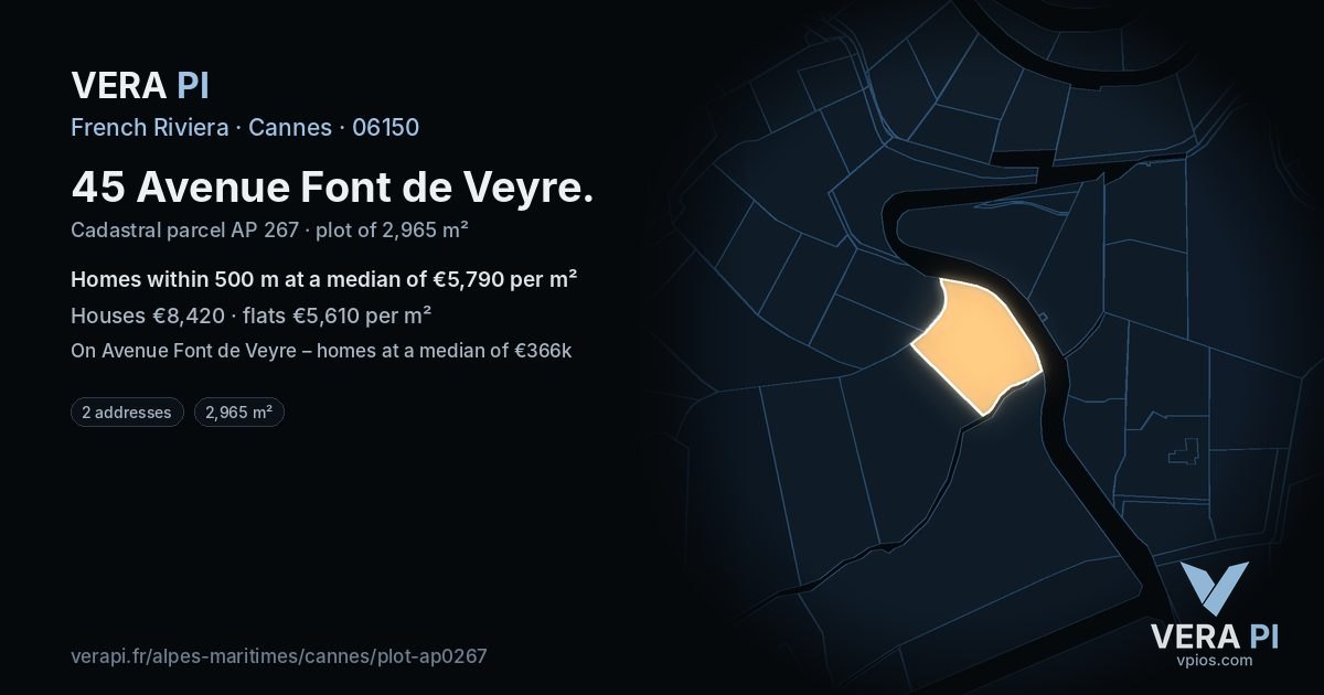 45 Avenue Font de Veyre, Cannes at night – the plot lit, the parcels around coloured by the prices near them