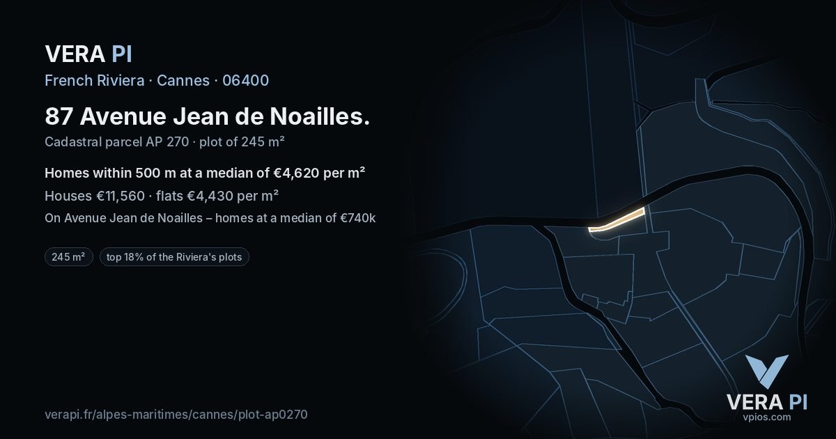 87 Avenue Jean de Noailles, Cannes at night – the plot lit, the parcels around coloured by the prices near them