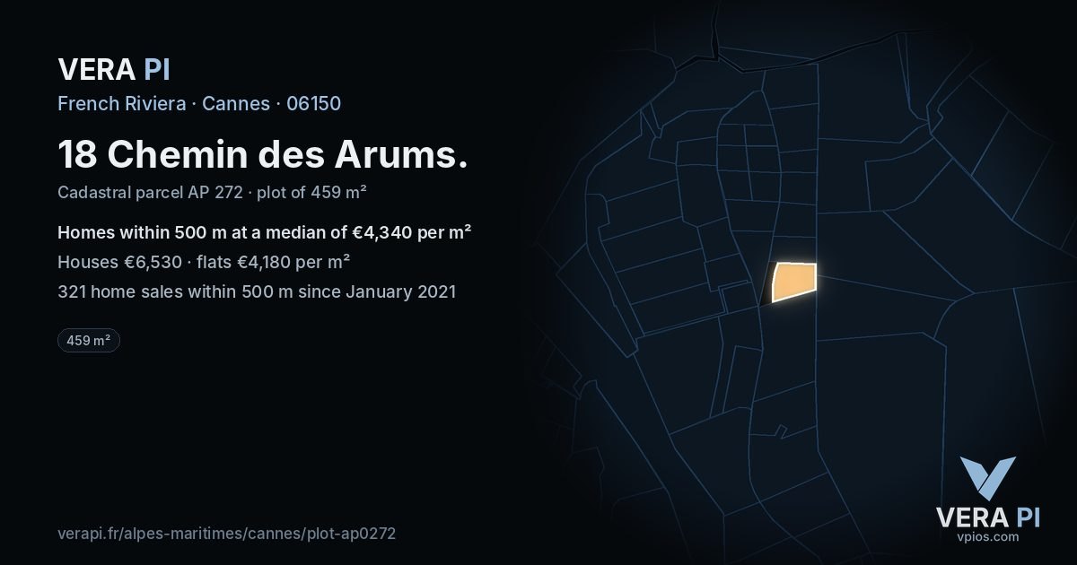 18 Chemin des Arums, Cannes at night – the plot lit, the parcels around coloured by the prices near them