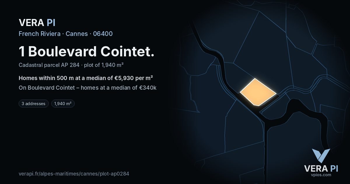 1 Boulevard Cointet, Cannes at night – the plot lit, the parcels around coloured by the prices near them