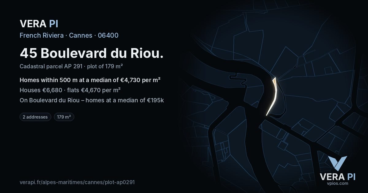 45 Boulevard du Riou, Cannes at night – the plot lit, the parcels around coloured by the prices near them