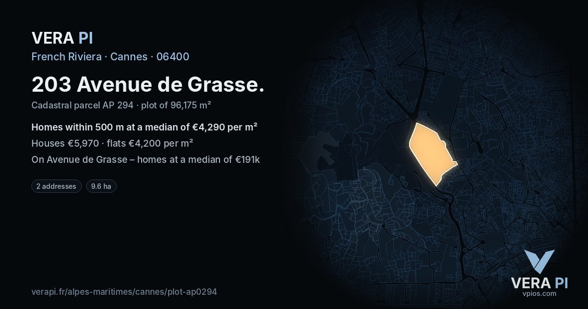 203 Avenue de Grasse, Cannes at night – the plot lit, the parcels around coloured by the prices near them