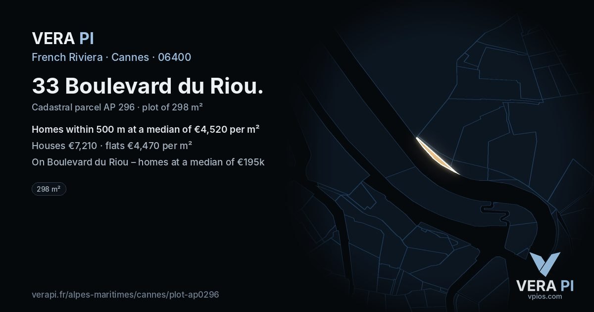 33 Boulevard du Riou, Cannes at night – the plot lit, the parcels around coloured by the prices near them