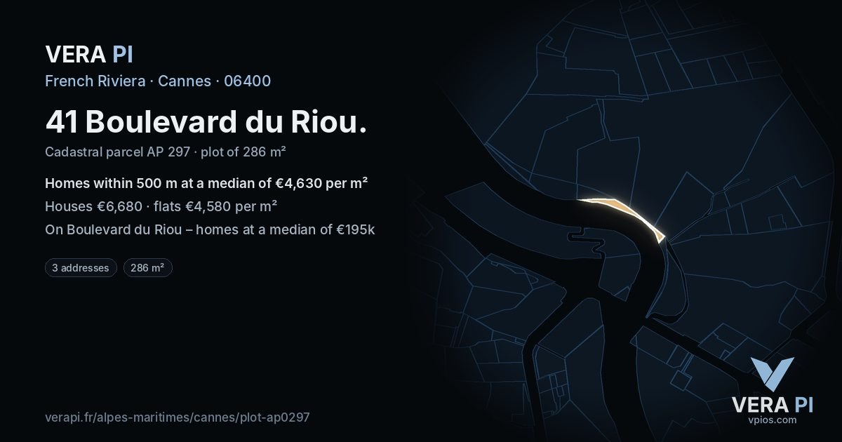 41 Boulevard du Riou, Cannes at night – the plot lit, the parcels around coloured by the prices near them
