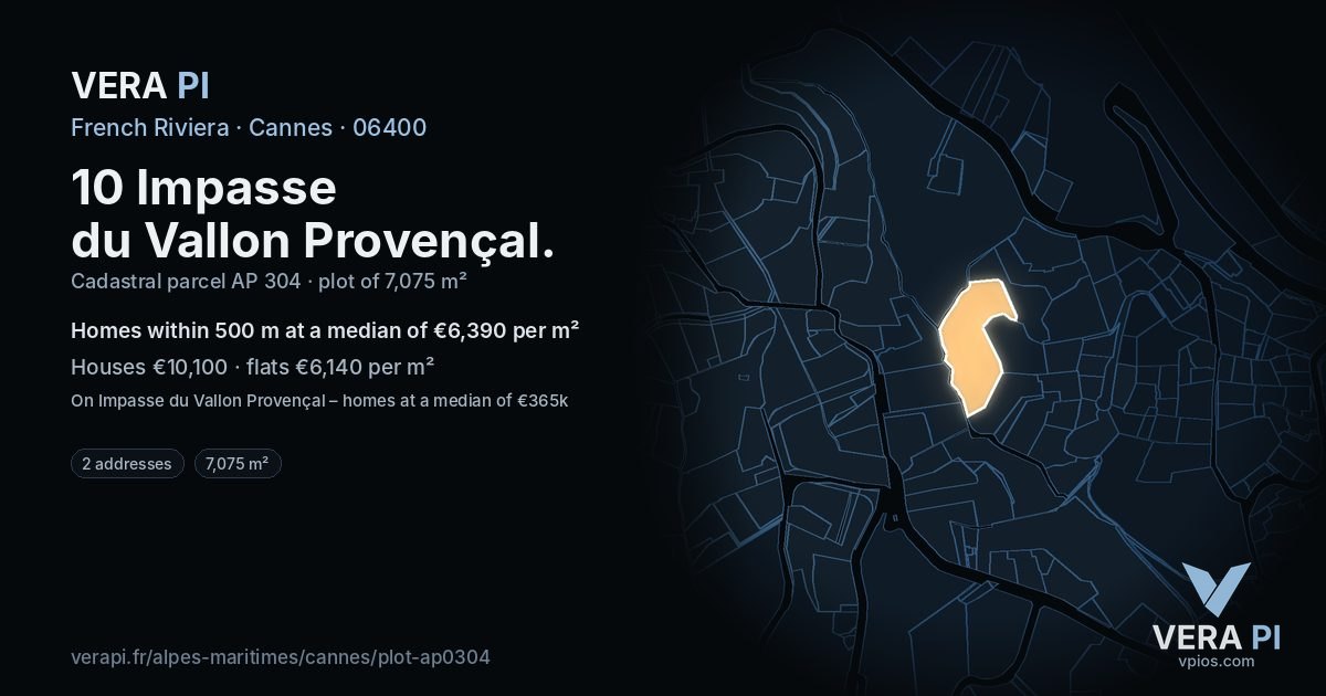 10 Impasse du Vallon Provençal, Cannes at night – the plot lit, the parcels around coloured by the prices near them