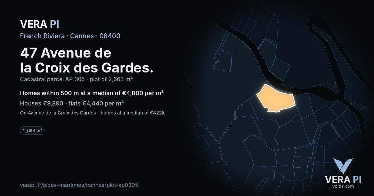 47 Avenue de la Croix des Gardes, Cannes at night – the plot lit, the parcels around coloured by the prices near them