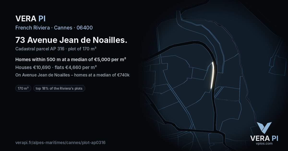 73 Avenue Jean de Noailles, Cannes at night – the plot lit, the parcels around coloured by the prices near them