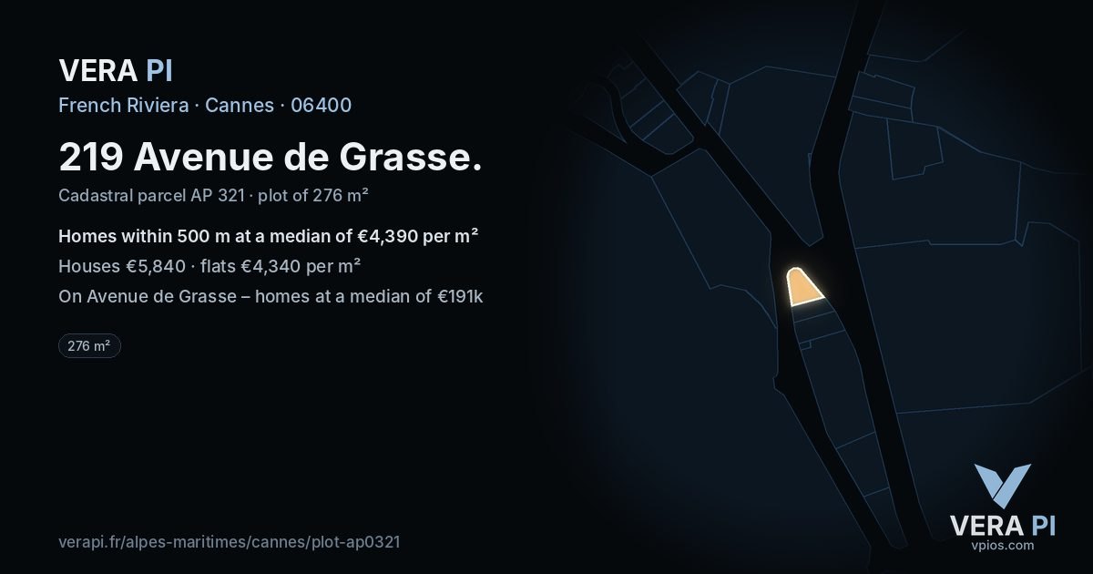219 Avenue de Grasse, Cannes at night – the plot lit, the parcels around coloured by the prices near them