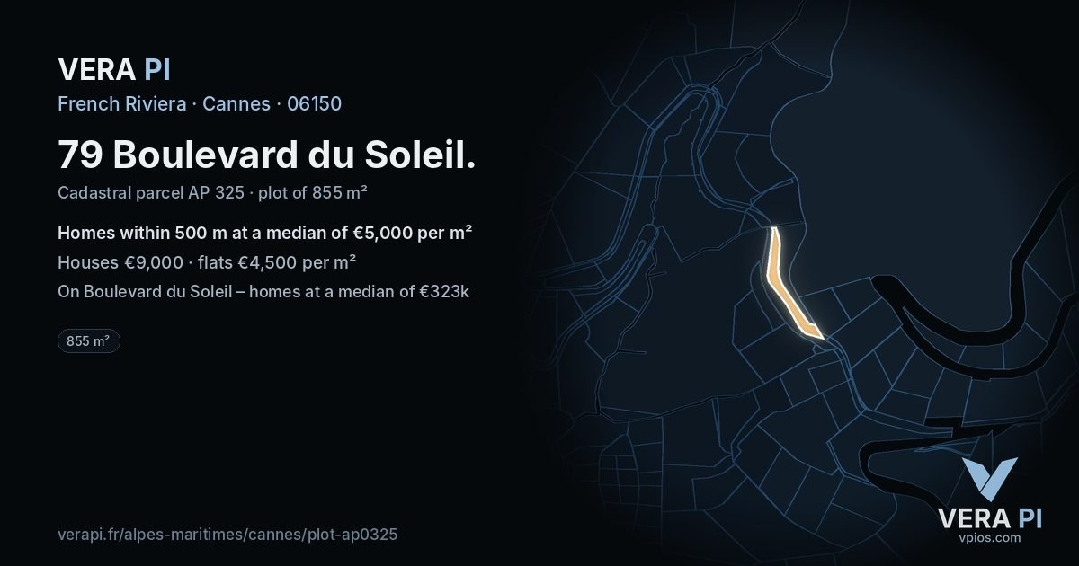 79 Boulevard du Soleil, Cannes at night – the plot lit, the parcels around coloured by the prices near them