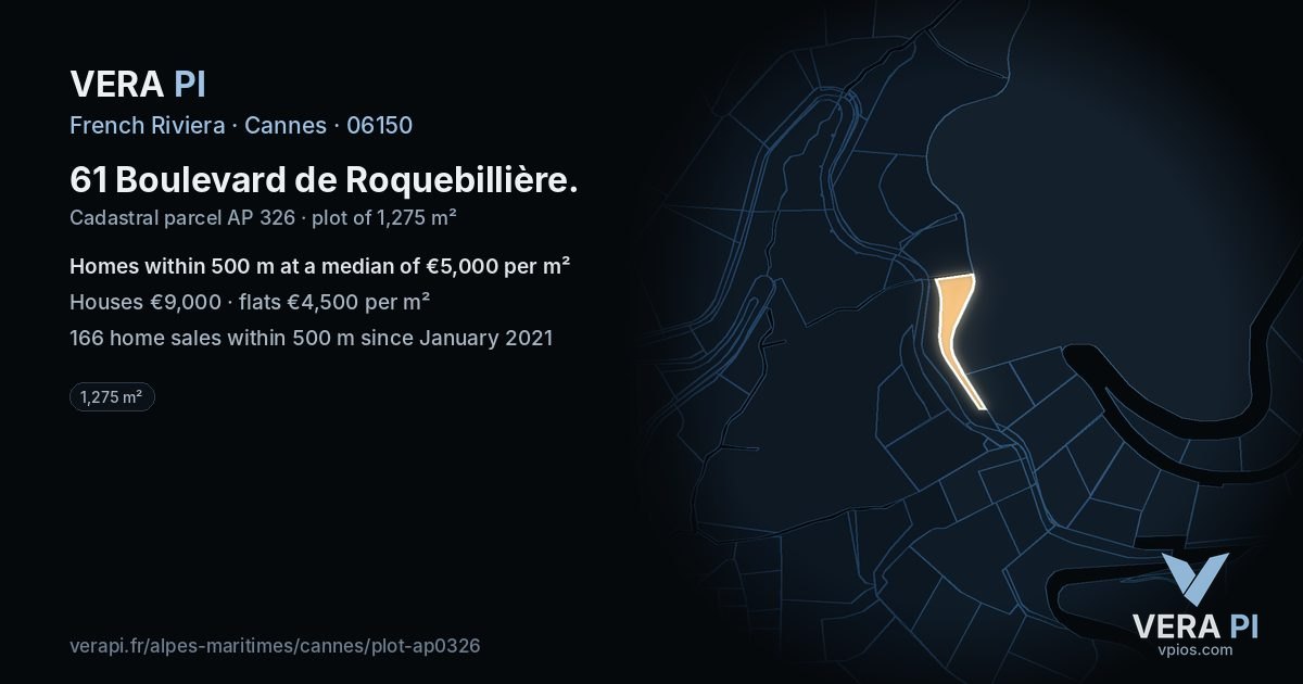61 Boulevard de Roquebillière, Cannes at night – the plot lit, the parcels around coloured by the prices near them