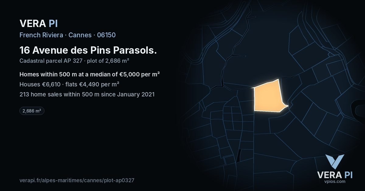 16 Avenue des Pins Parasols, Cannes at night – the plot lit, the parcels around coloured by the prices near them