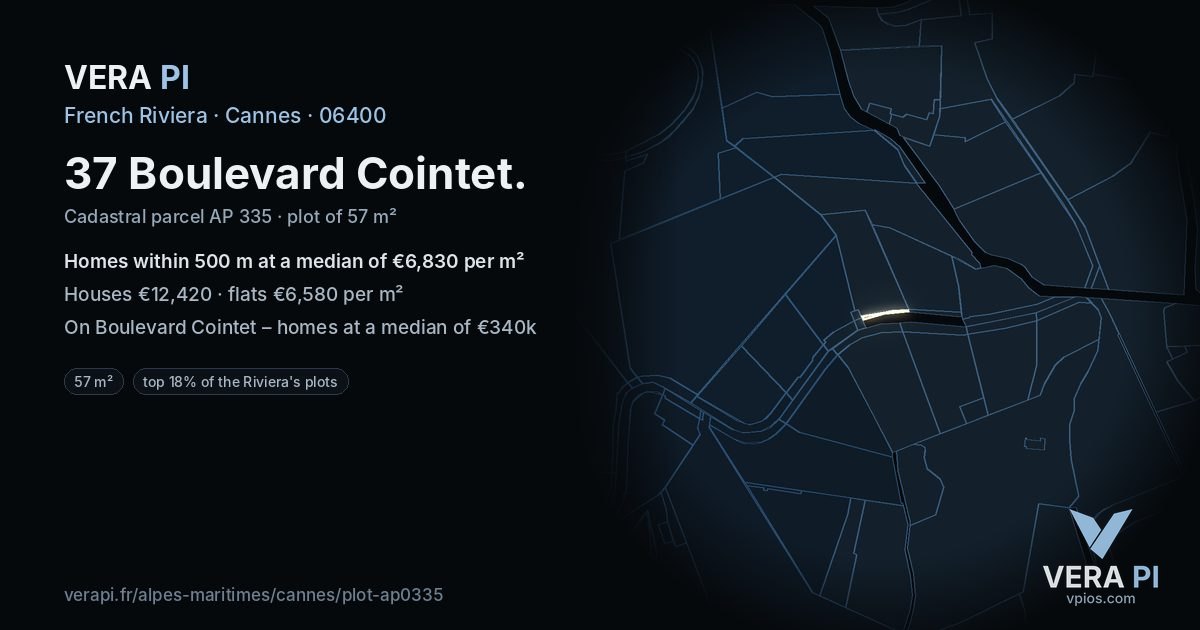 37 Boulevard Cointet, Cannes at night – the plot lit, the parcels around coloured by the prices near them