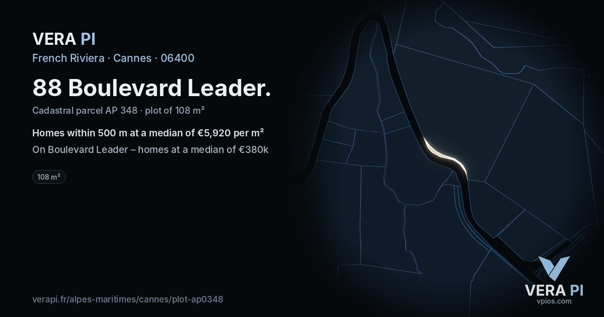 88 Boulevard Leader, Cannes at night – the plot lit, the parcels around coloured by the prices near them