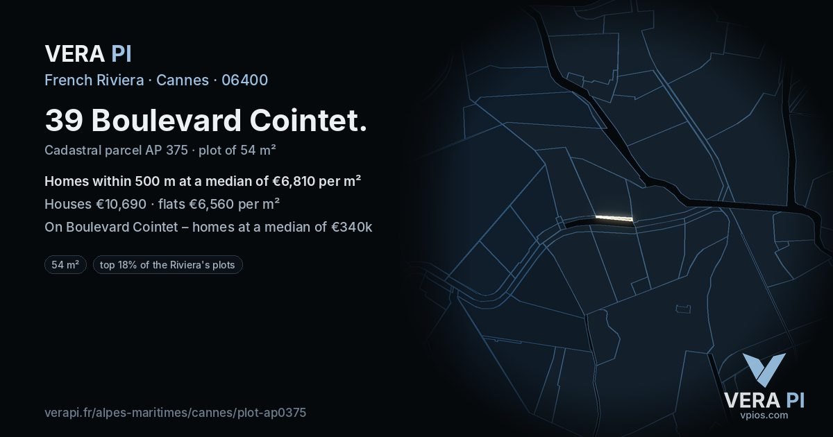 39 Boulevard Cointet, Cannes at night – the plot lit, the parcels around coloured by the prices near them