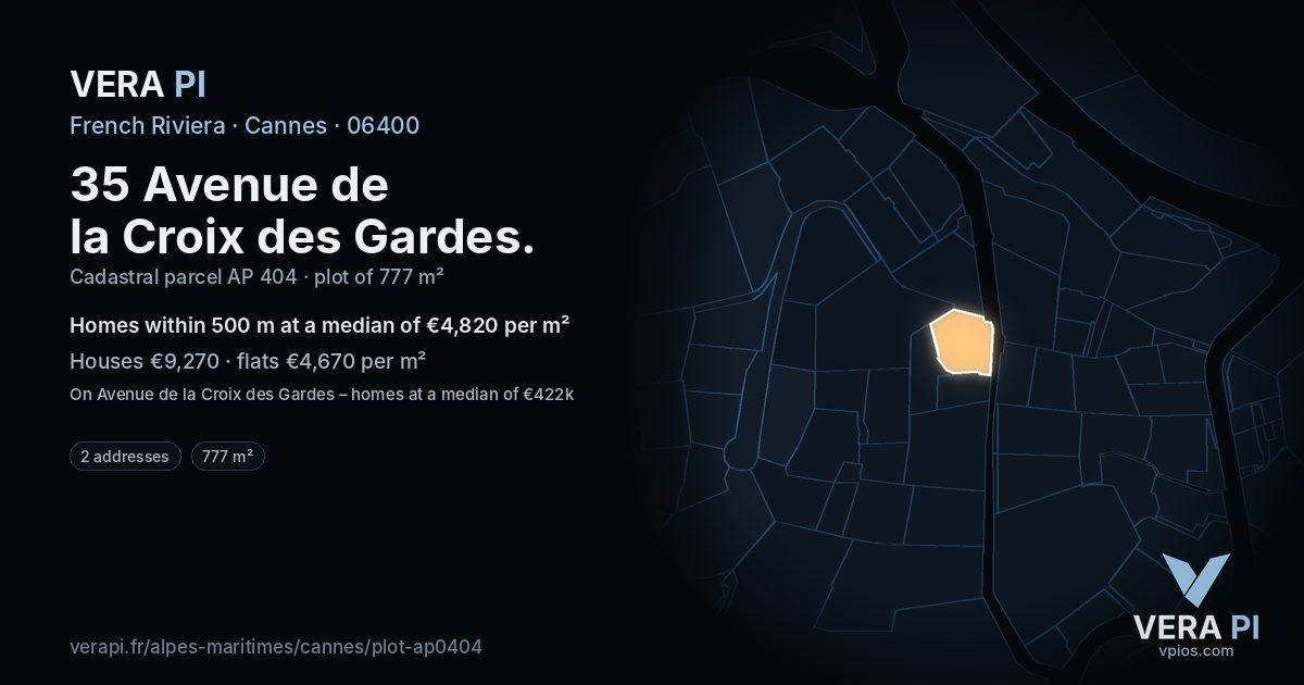 35 Avenue de la Croix des Gardes, Cannes at night – the plot lit, the parcels around coloured by the prices near them