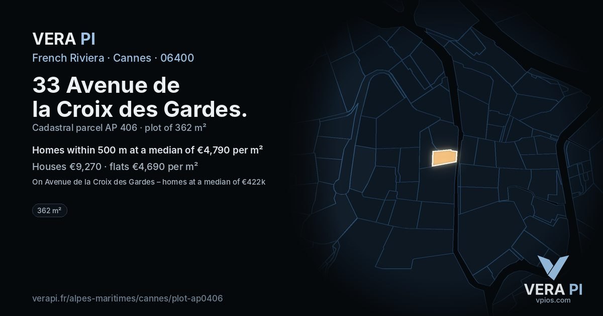 33 Avenue de la Croix des Gardes, Cannes at night – the plot lit, the parcels around coloured by the prices near them