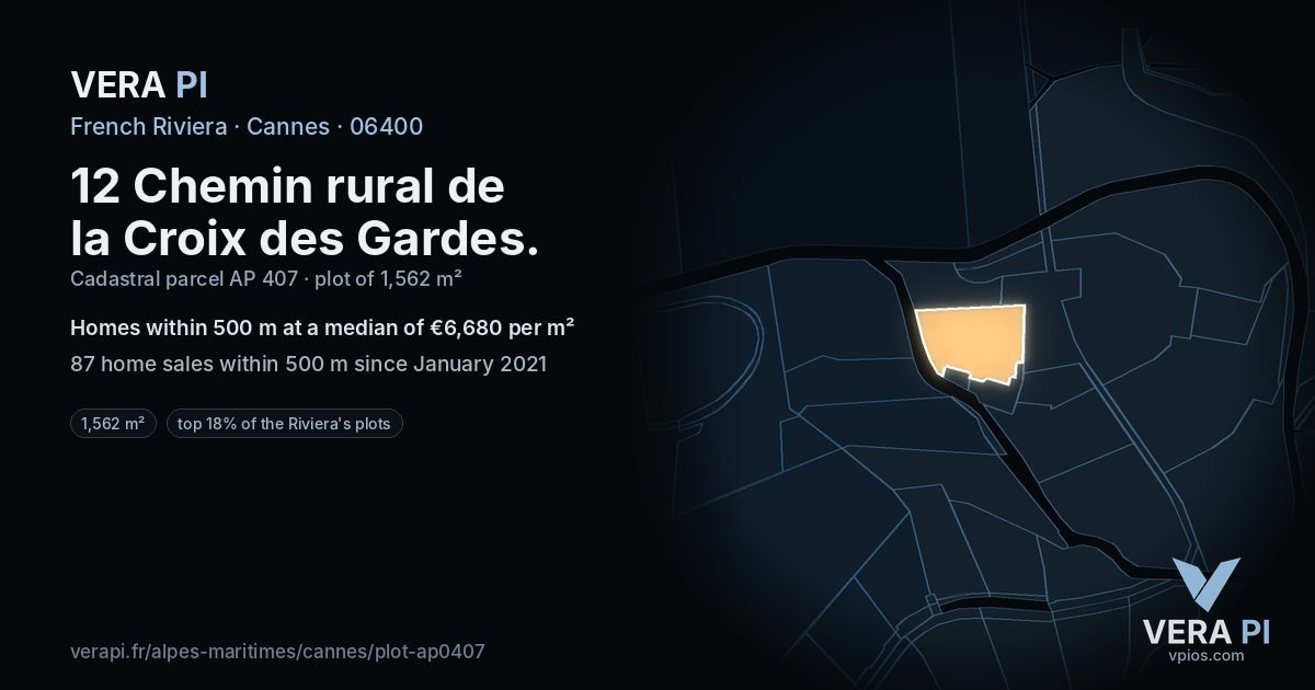12 Chemin rural de la Croix des Gardes, Cannes at night – the plot lit, the parcels around coloured by the prices near them
