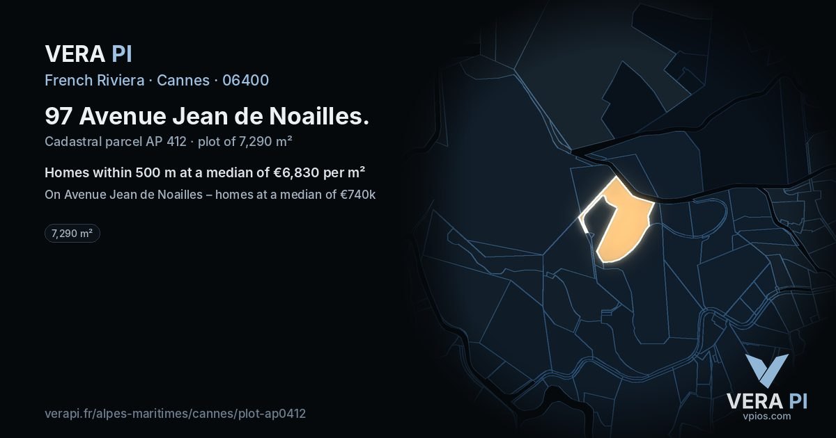 97 Avenue Jean de Noailles, Cannes at night – the plot lit, the parcels around coloured by the prices near them