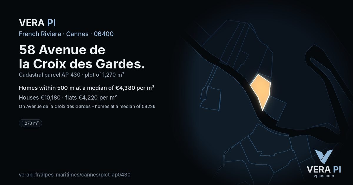 58 Avenue de la Croix des Gardes, Cannes at night – the plot lit, the parcels around coloured by the prices near them