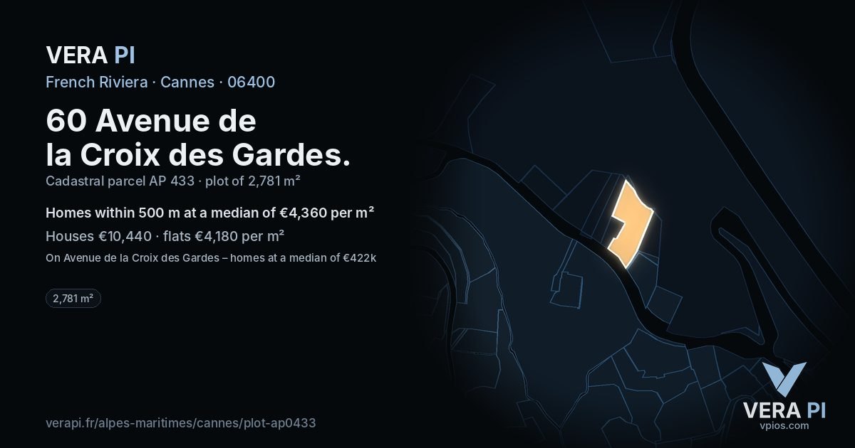 60 Avenue de la Croix des Gardes, Cannes at night – the plot lit, the parcels around coloured by the prices near them