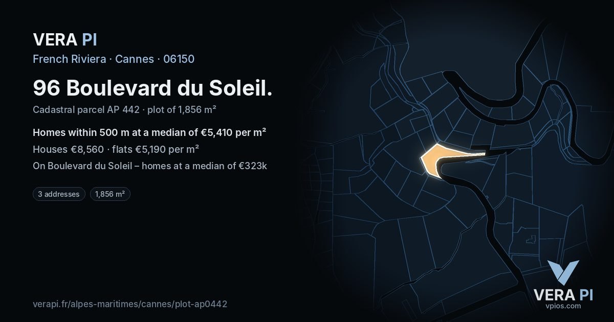 96 Boulevard du Soleil, Cannes at night – the plot lit, the parcels around coloured by the prices near them
