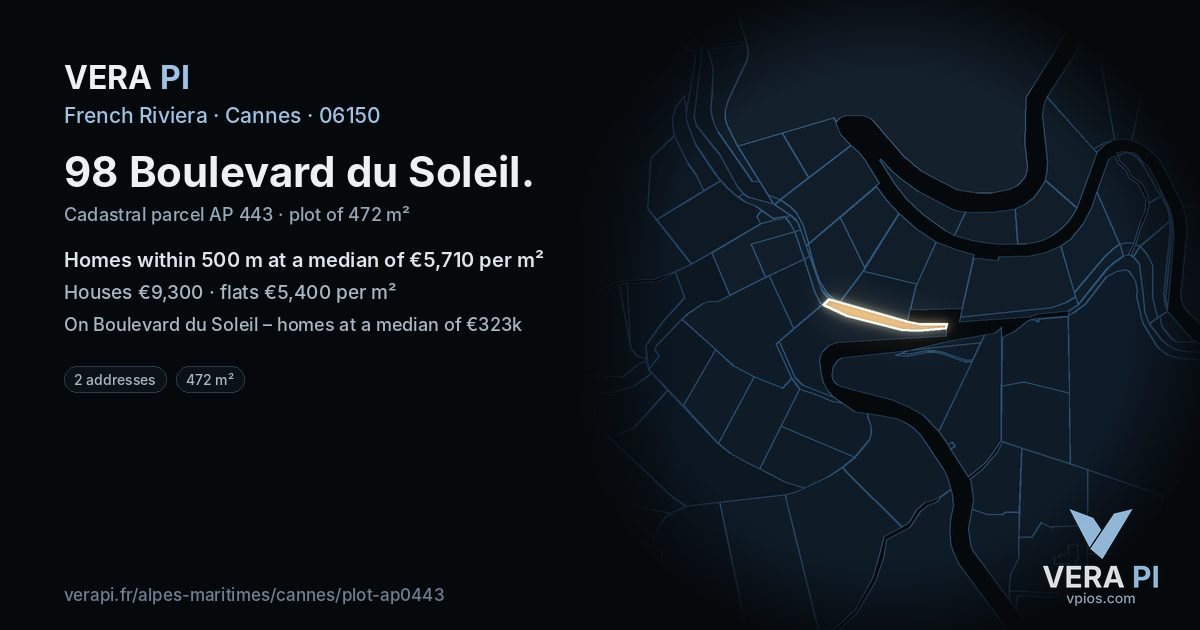 98 Boulevard du Soleil, Cannes at night – the plot lit, the parcels around coloured by the prices near them