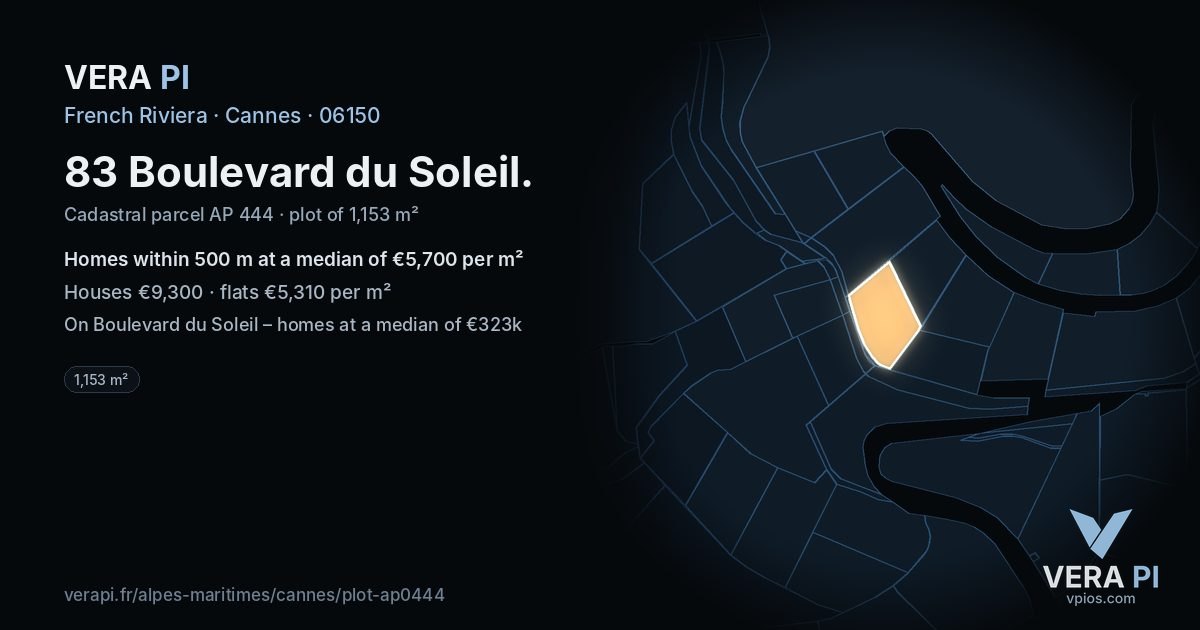 83 Boulevard du Soleil, Cannes at night – the plot lit, the parcels around coloured by the prices near them