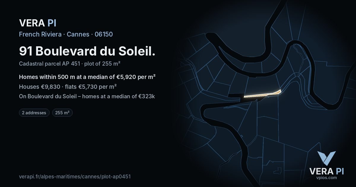 91 Boulevard du Soleil, Cannes at night – the plot lit, the parcels around coloured by the prices near them