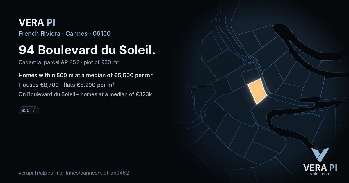 94 Boulevard du Soleil, Cannes at night – the plot lit, the parcels around coloured by the prices near them