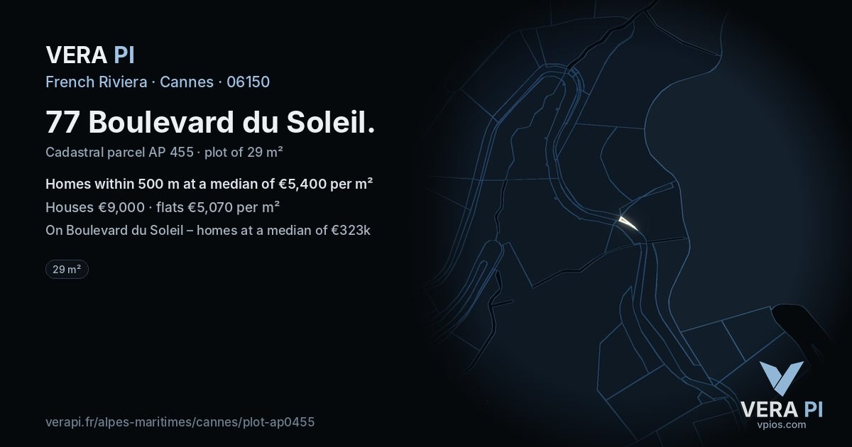 77 Boulevard du Soleil, Cannes at night – the plot lit, the parcels around coloured by the prices near them