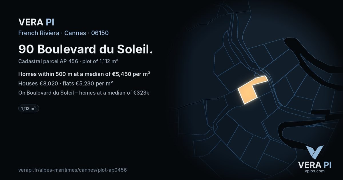 90 Boulevard du Soleil, Cannes at night – the plot lit, the parcels around coloured by the prices near them