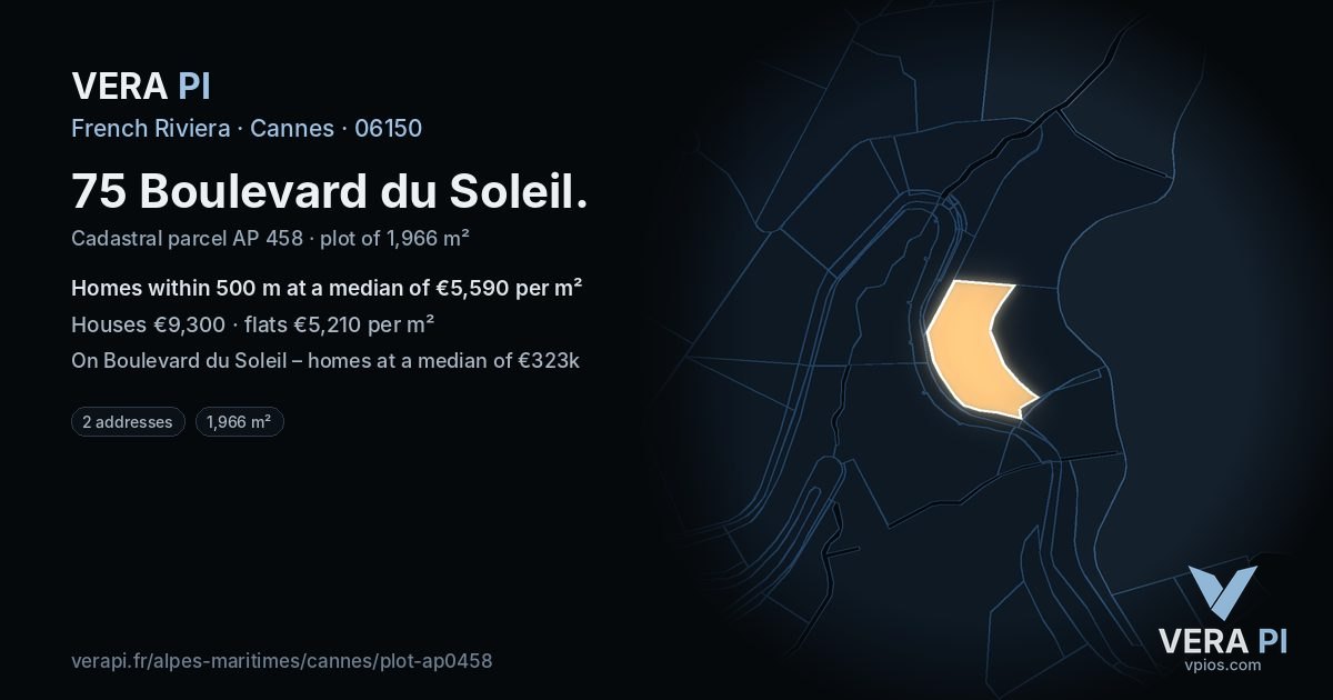 75 Boulevard du Soleil, Cannes at night – the plot lit, the parcels around coloured by the prices near them