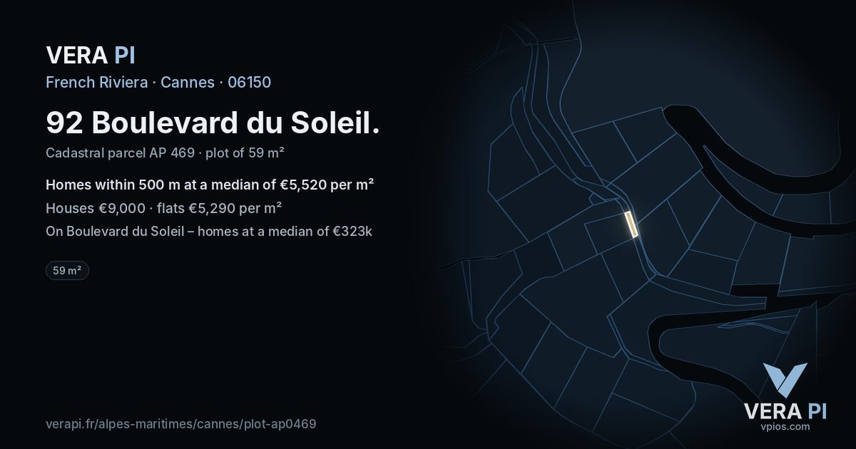92 Boulevard du Soleil, Cannes at night – the plot lit, the parcels around coloured by the prices near them