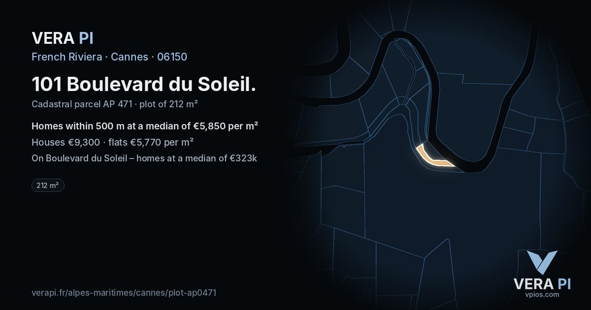 101 Boulevard du Soleil, Cannes at night – the plot lit, the parcels around coloured by the prices near them