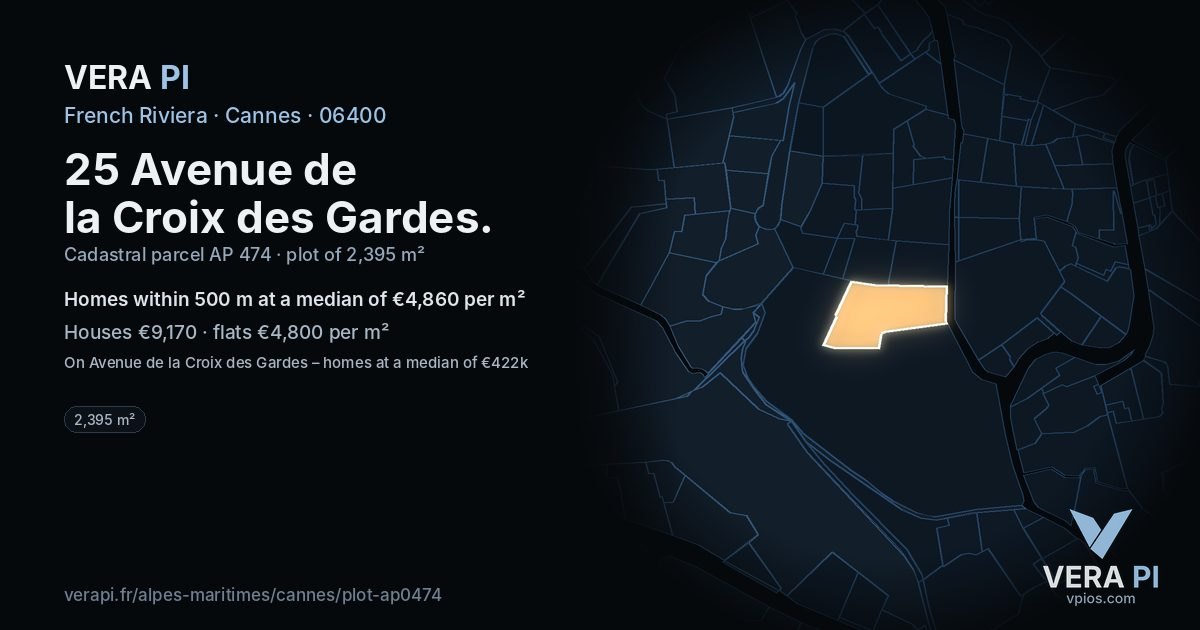 25 Avenue de la Croix des Gardes, Cannes at night – the plot lit, the parcels around coloured by the prices near them